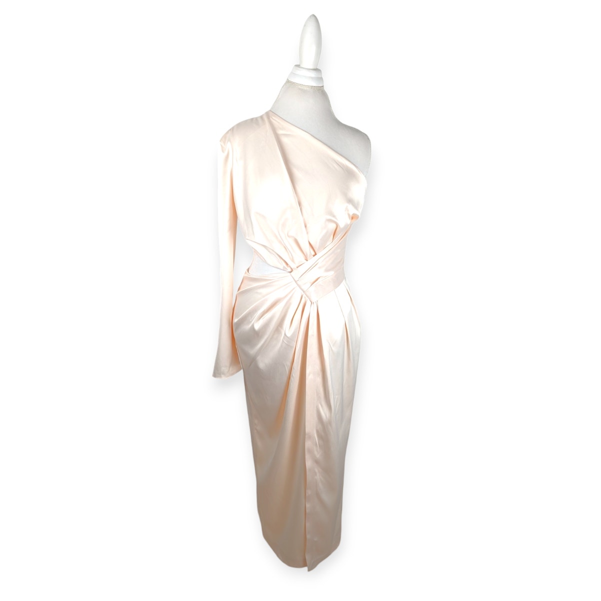 Elagia Cream Satin One-Shoulder Cut-Out Midi Dress Large Nwt — image 2 of 8